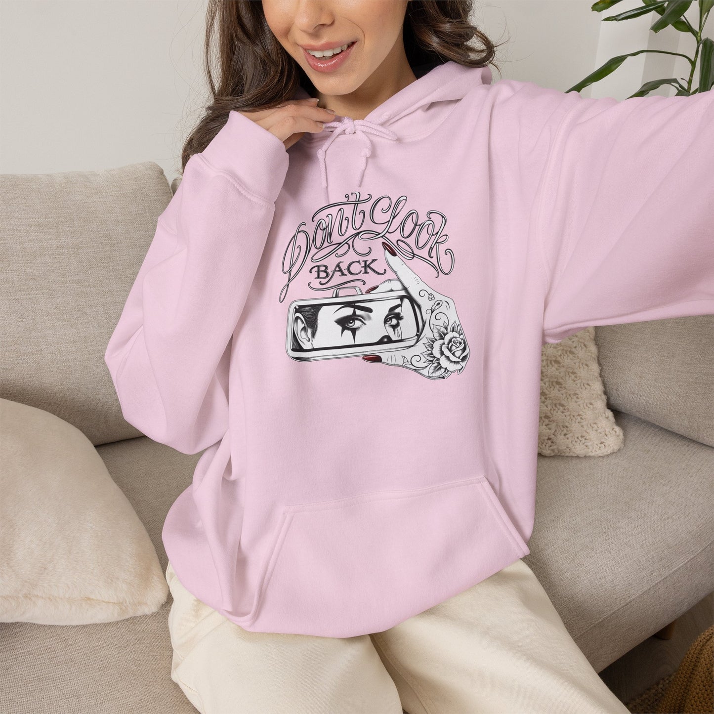 Don’t Look Back hoodie | Rearview Mirror Illustration, Rose Accent