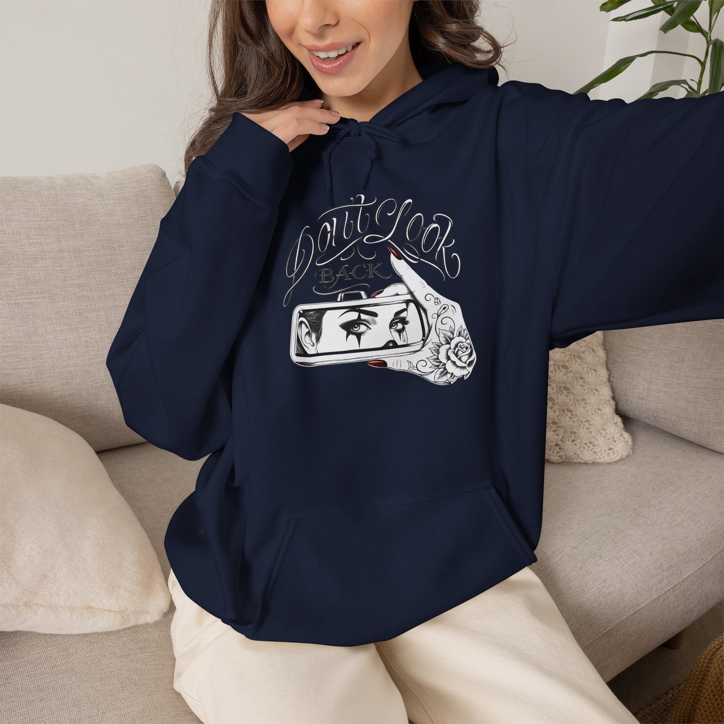 Don’t Look Back hoodie | Rearview Mirror Illustration, Rose Accent