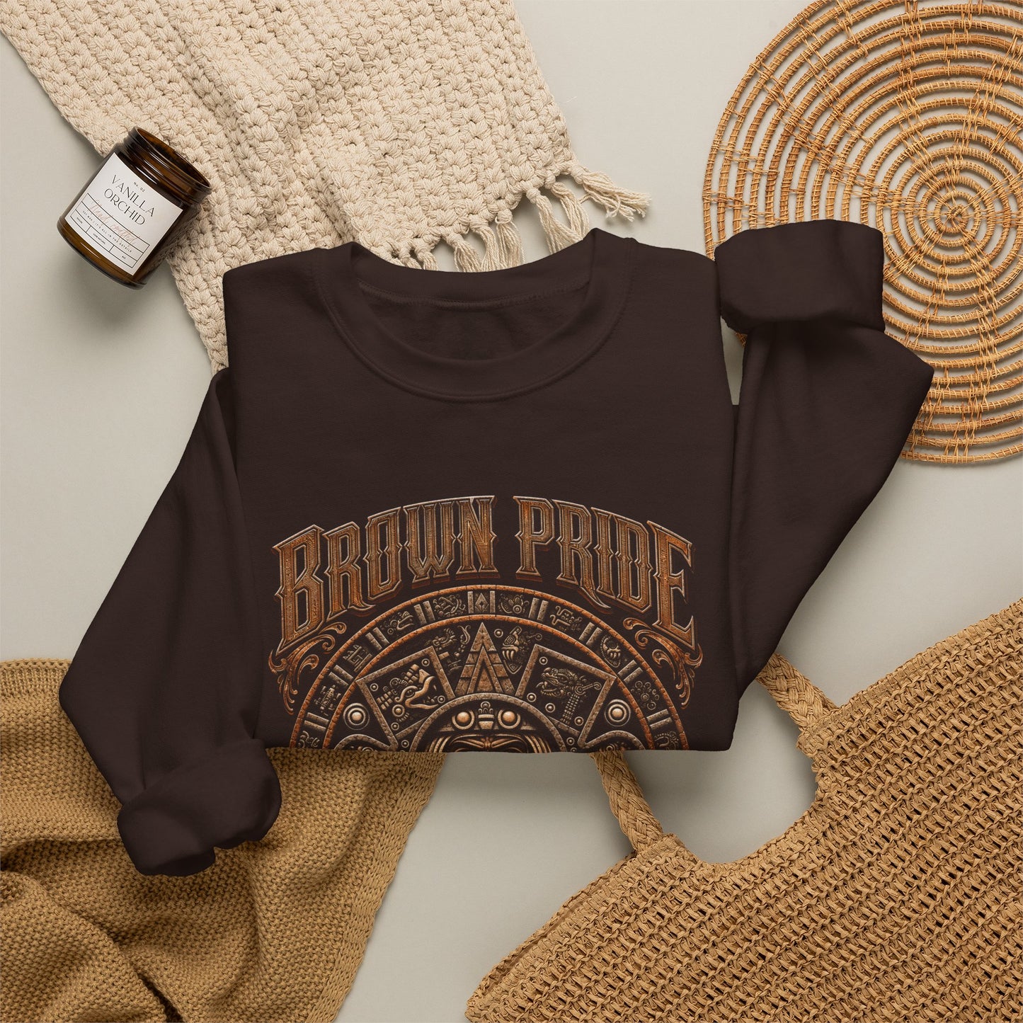 Brown Pride Aztec Sun Calendar Crewneck Sweatshirt | Mayan Calendar Design