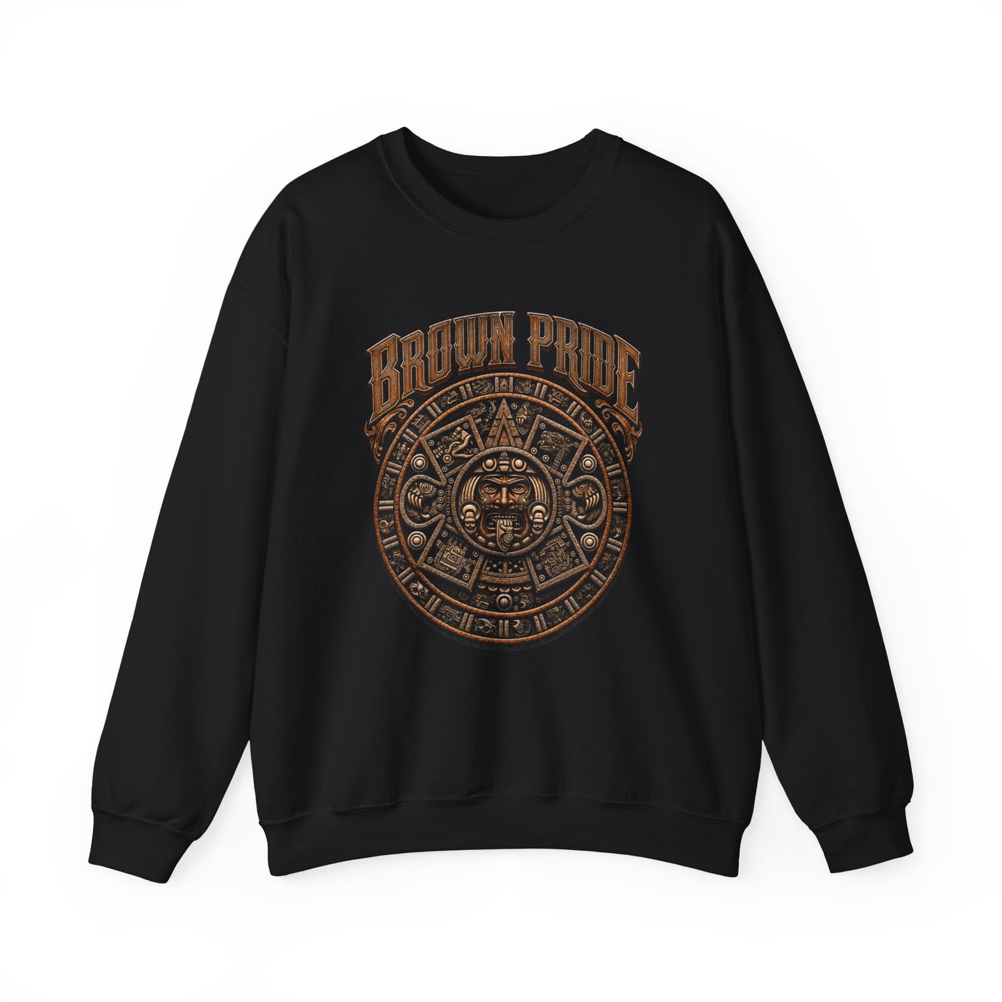 Brown Pride Aztec Sun Calendar Crewneck Sweatshirt | Mayan Calendar Design