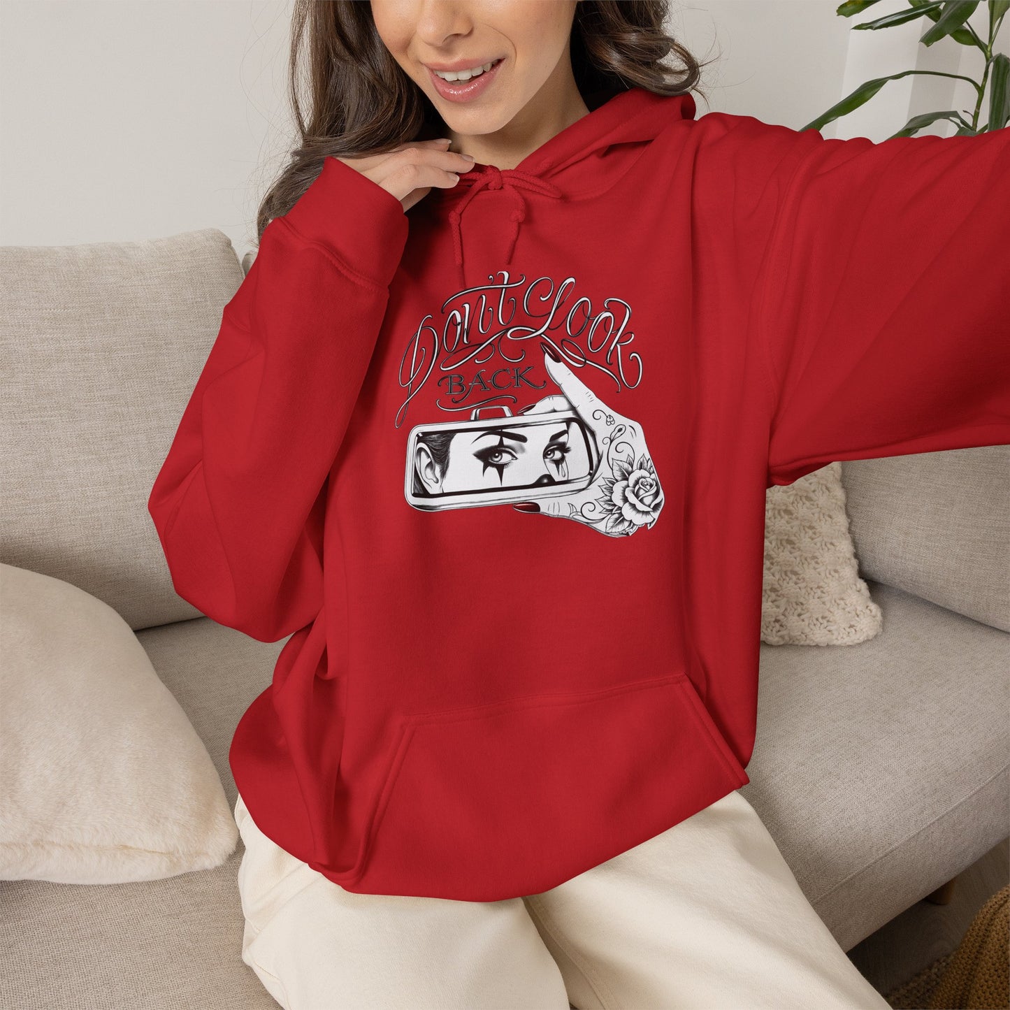 Don’t Look Back hoodie | Rearview Mirror Illustration, Rose Accent