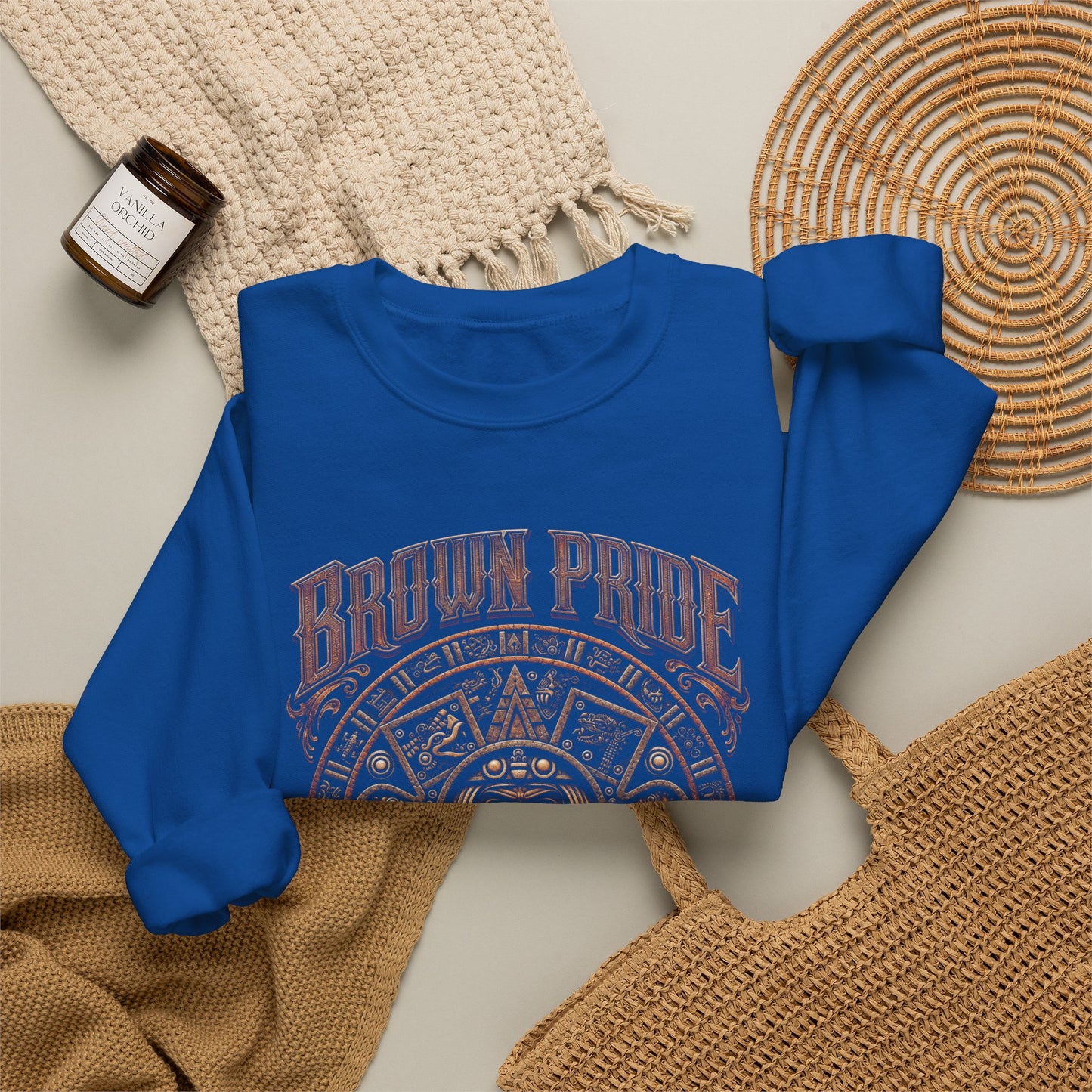 Brown Pride Aztec Sun Calendar Crewneck Sweatshirt | Mayan Calendar Design