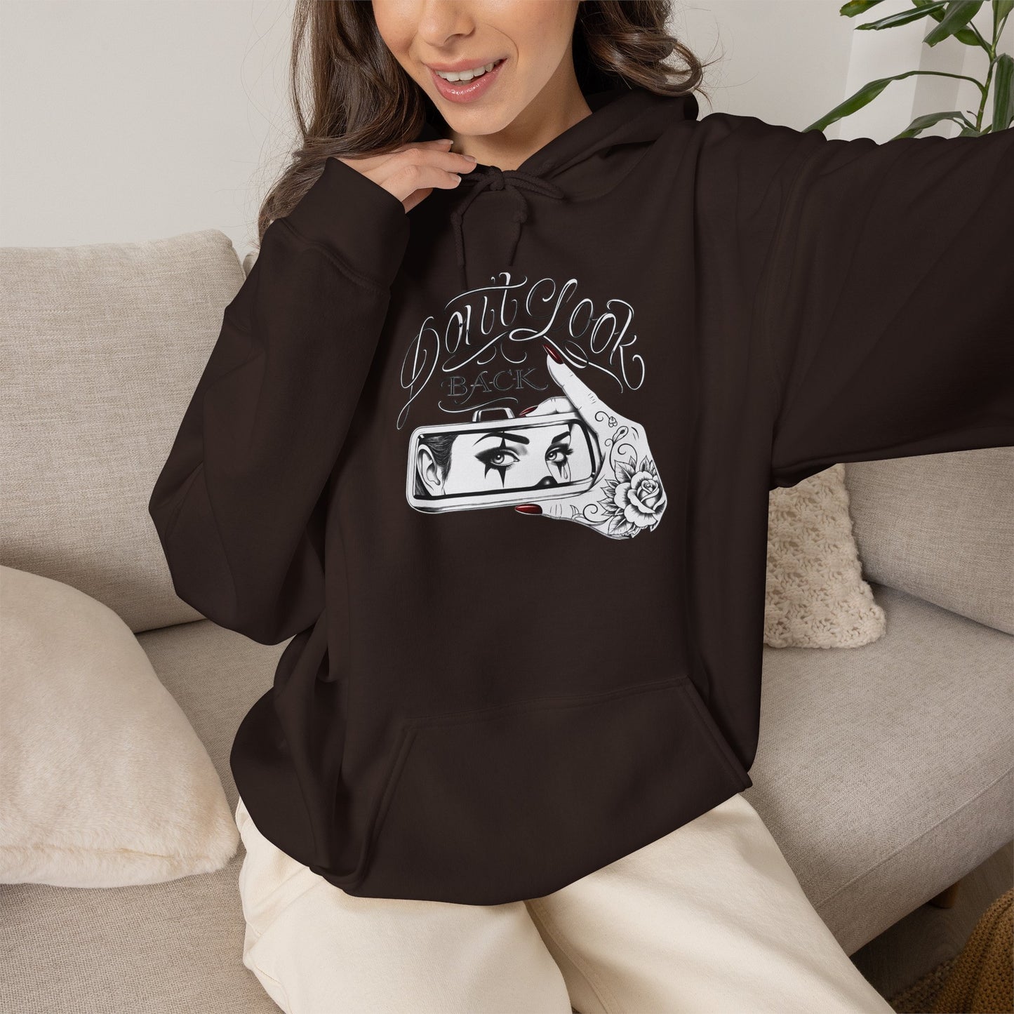 Don’t Look Back hoodie | Rearview Mirror Illustration, Rose Accent
