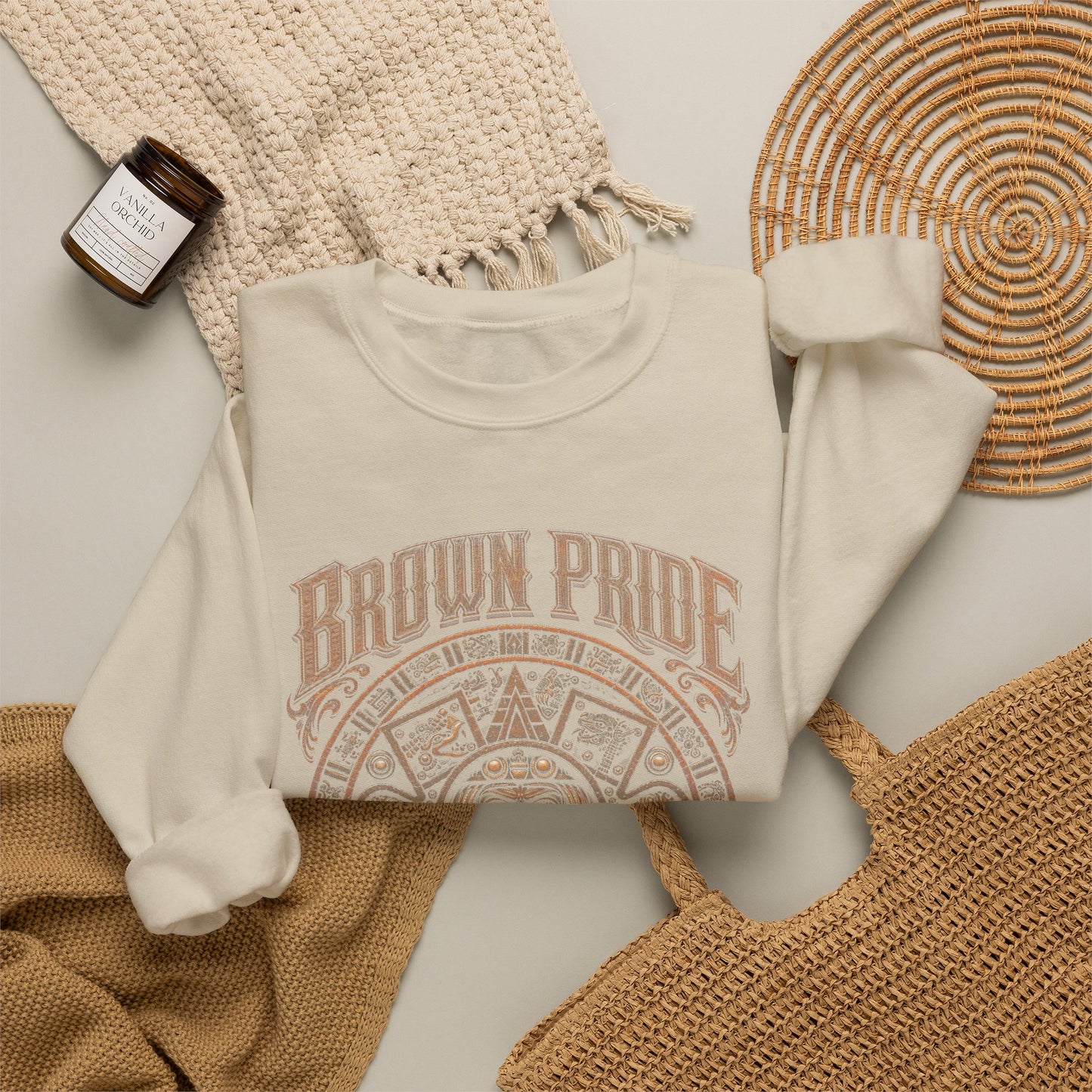 Brown Pride Aztec Sun Calendar Crewneck Sweatshirt | Mayan Calendar Design