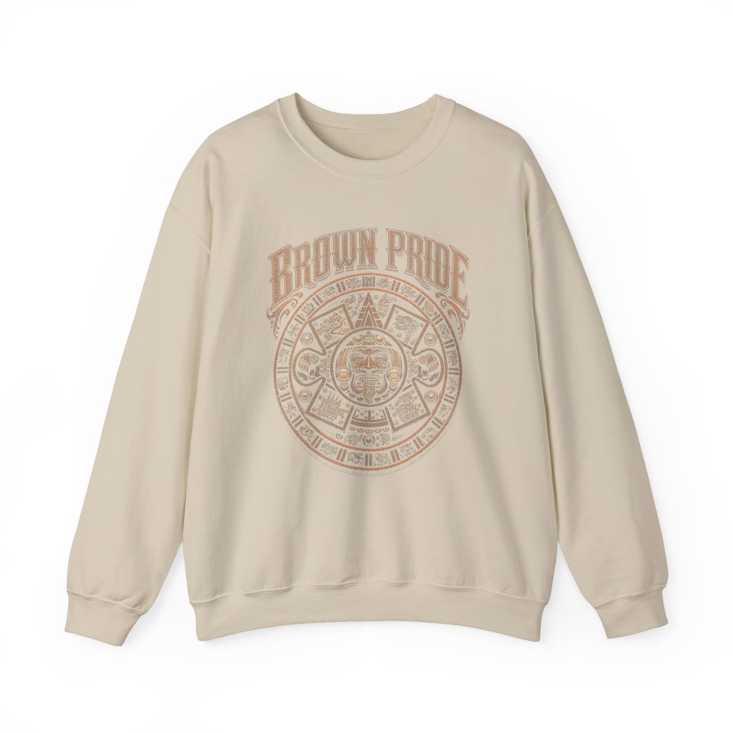 Brown Pride Aztec Sun Calendar Crewneck Sweatshirt | Mayan Calendar Design