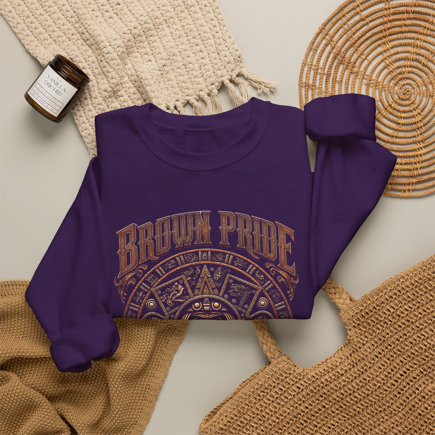 Brown Pride Aztec Sun Calendar Crewneck Sweatshirt | Mayan Calendar Design
