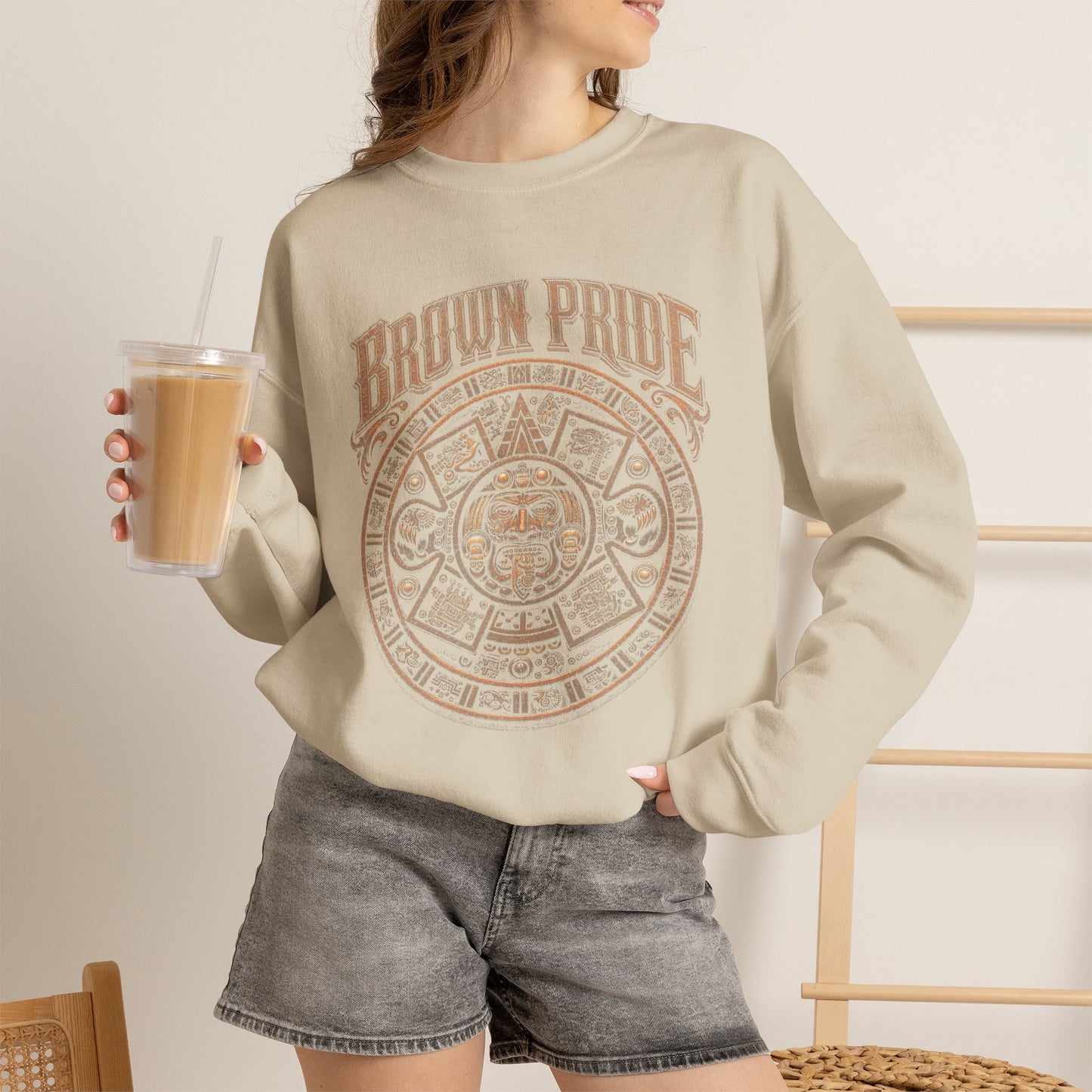 Brown Pride Aztec Sun Calendar Crewneck Sweatshirt | Mayan Calendar Design