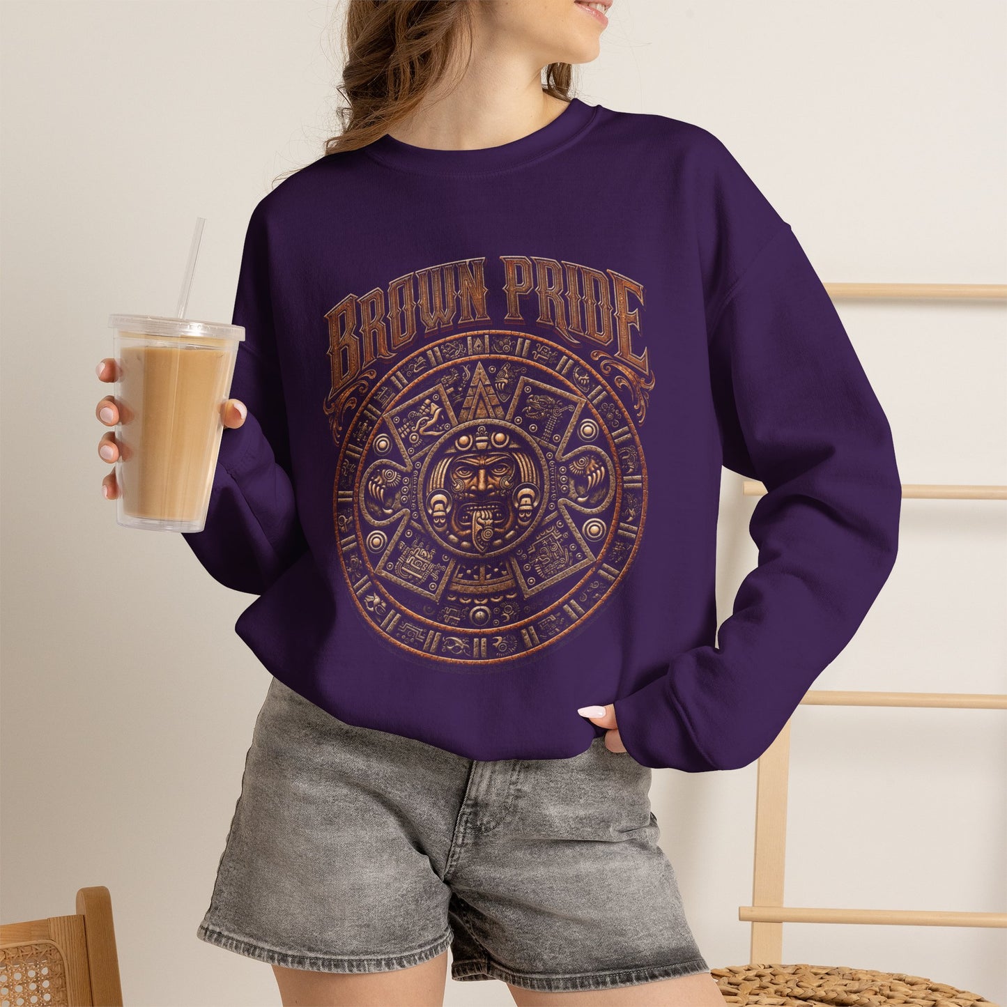 Brown Pride Aztec Sun Calendar Crewneck Sweatshirt | Mayan Calendar Design