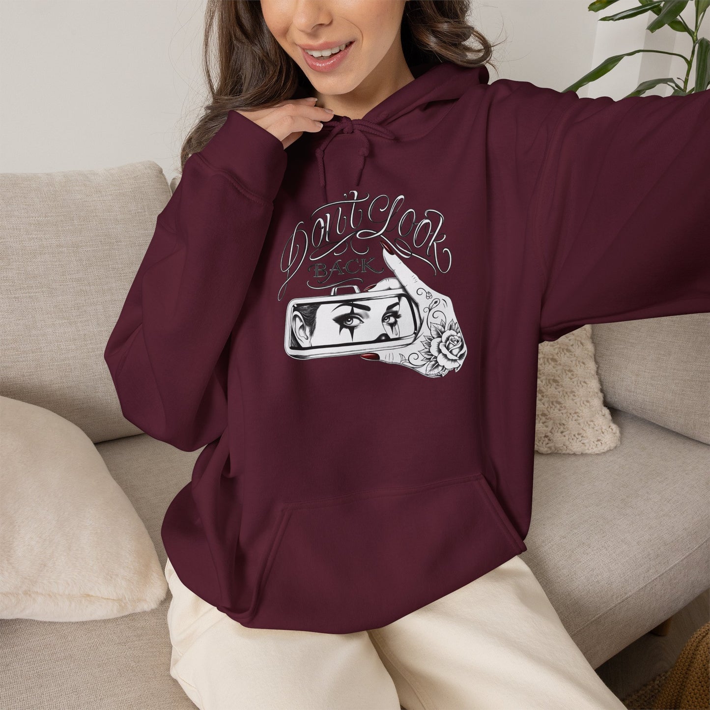 Don’t Look Back hoodie | Rearview Mirror Illustration, Rose Accent