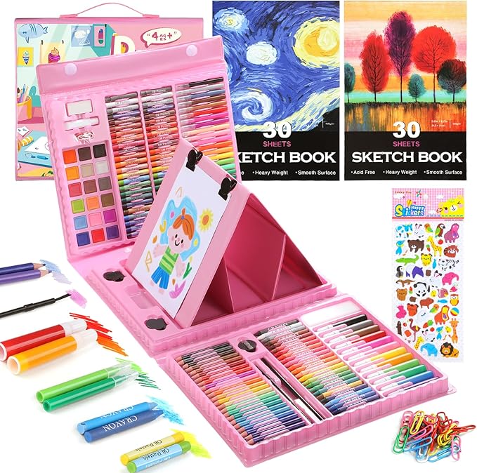237-Piece Kids Art Set with Double-Sided Easel, Painting Kits for Kids Ages 4-8, Non-Toxic Art Supplies for Girls & Boys, Drawing Set with Watercolor, Oil Pastels, resent for Young Artists-Pink