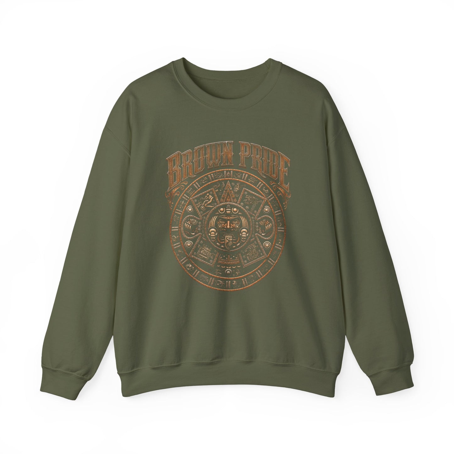Brown Pride Aztec Sun Calendar Crewneck Sweatshirt | Mayan Calendar Design