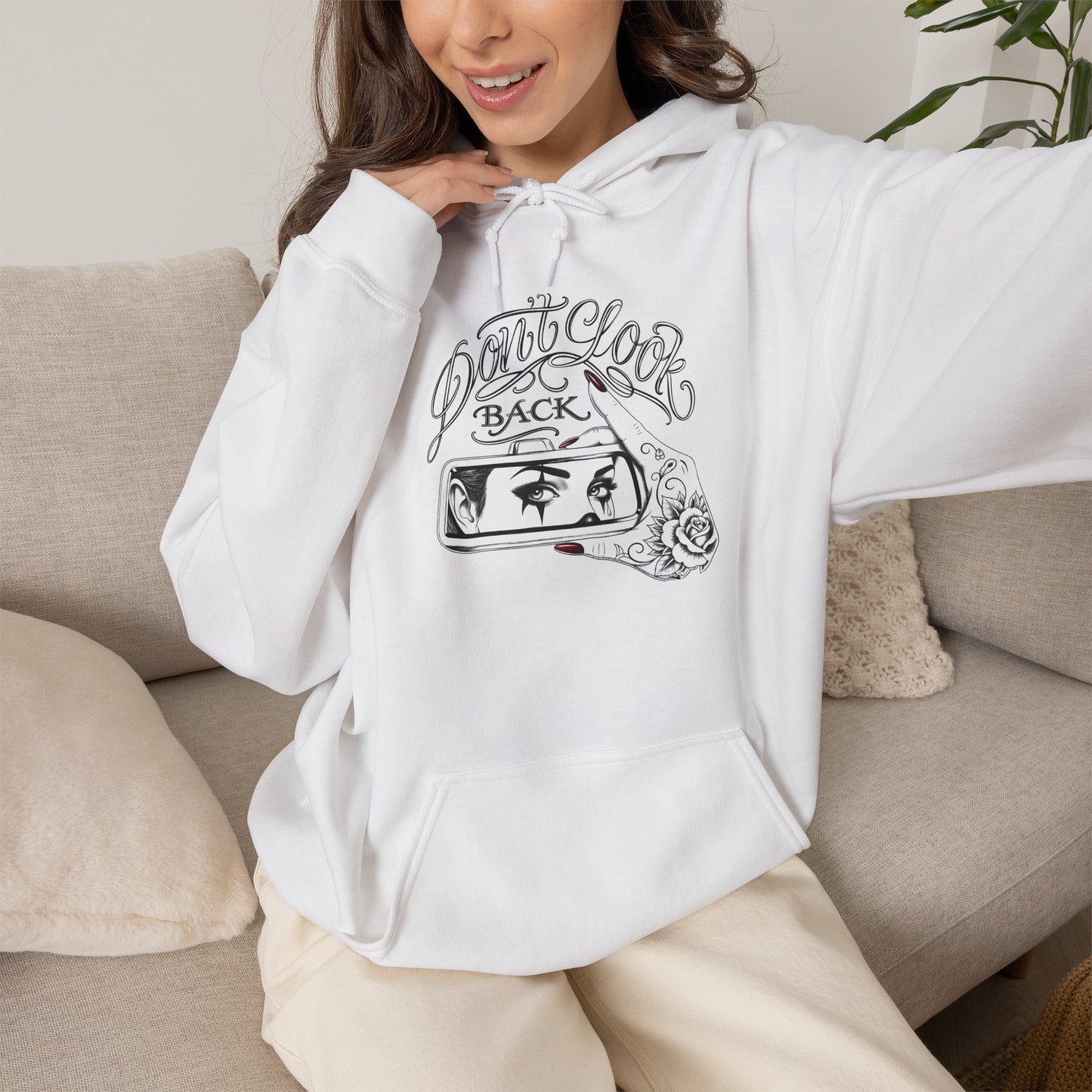 Don’t Look Back hoodie | Rearview Mirror Illustration, Rose Accent
