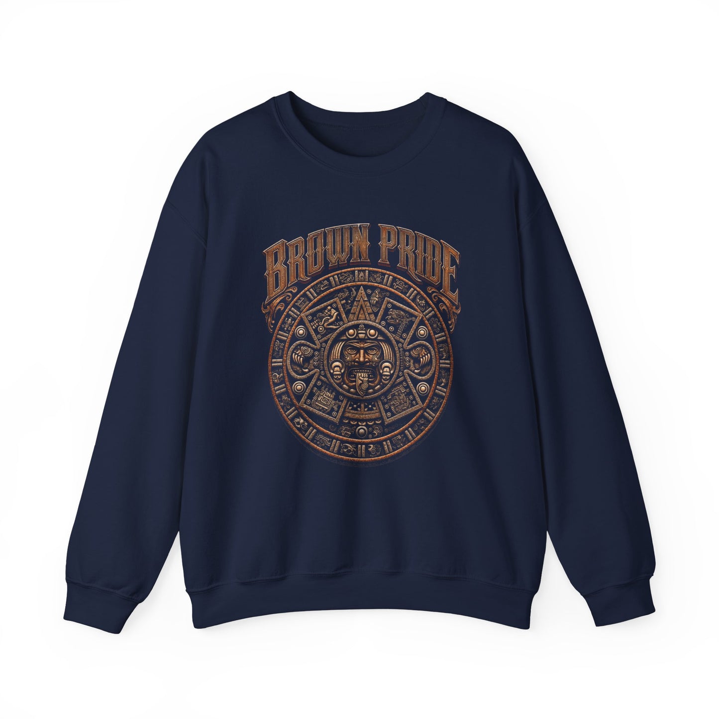 Brown Pride Aztec Sun Calendar Crewneck Sweatshirt | Mayan Calendar Design