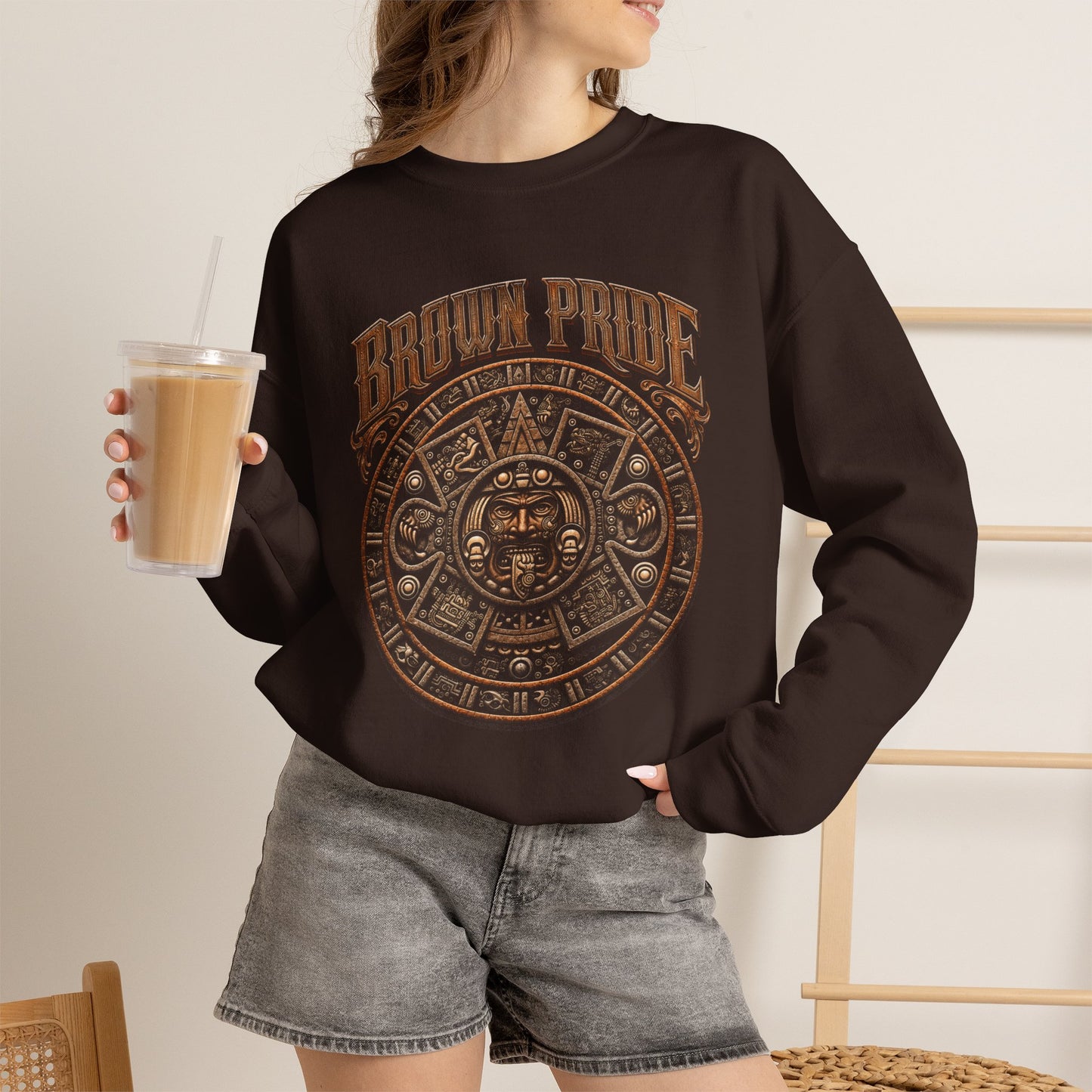 Brown Pride Aztec Sun Calendar Crewneck Sweatshirt | Mayan Calendar Design