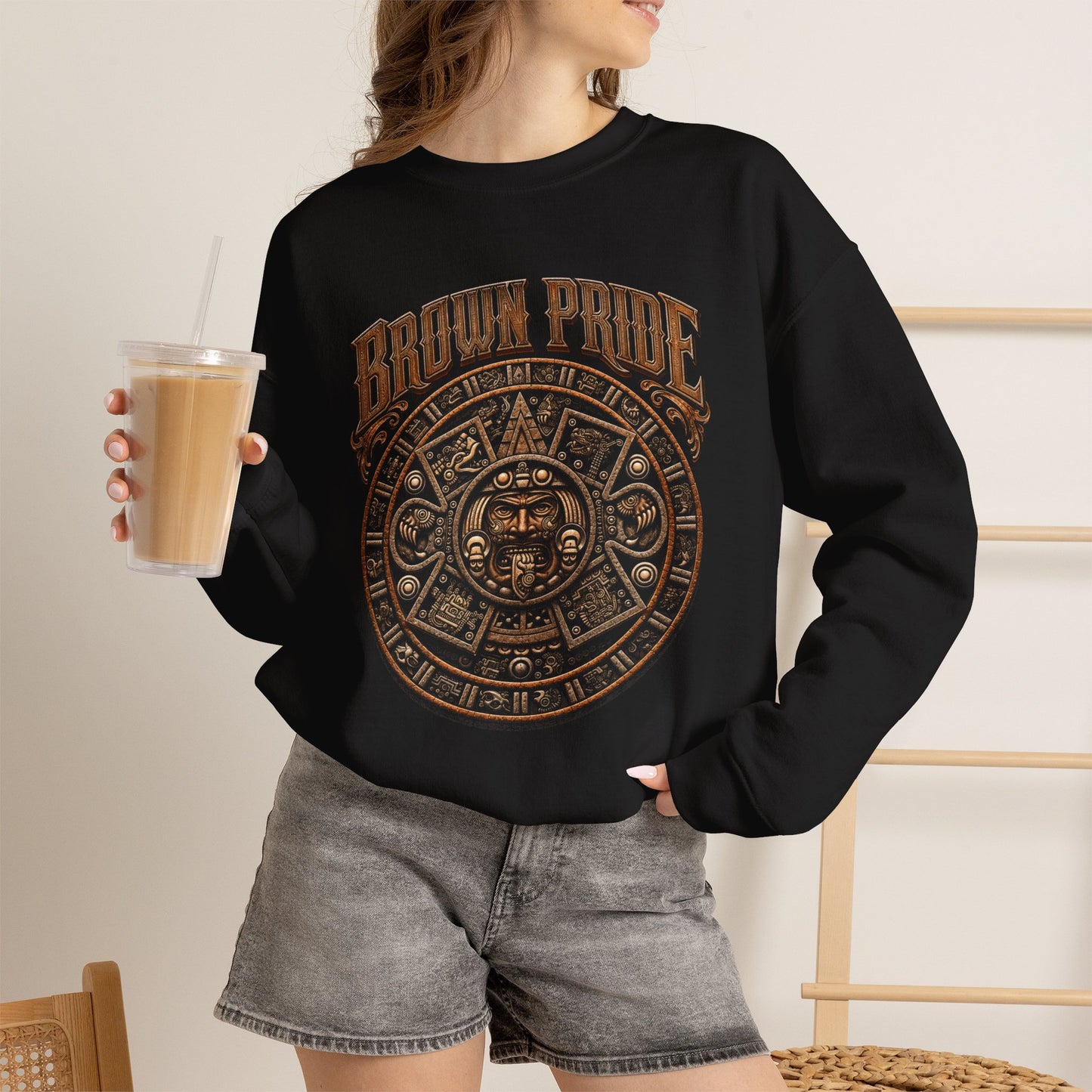 Brown Pride Aztec Sun Calendar Crewneck Sweatshirt | Mayan Calendar Design