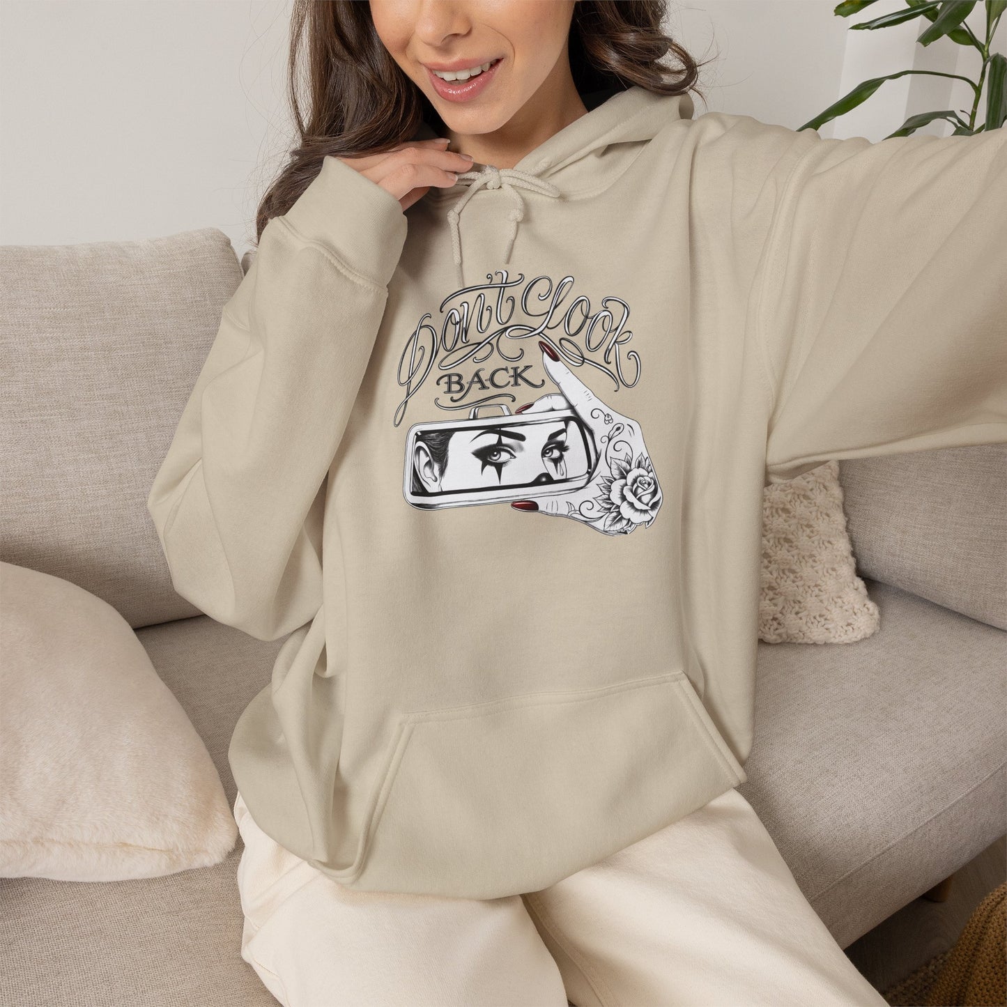 Don’t Look Back hoodie | Rearview Mirror Illustration, Rose Accent