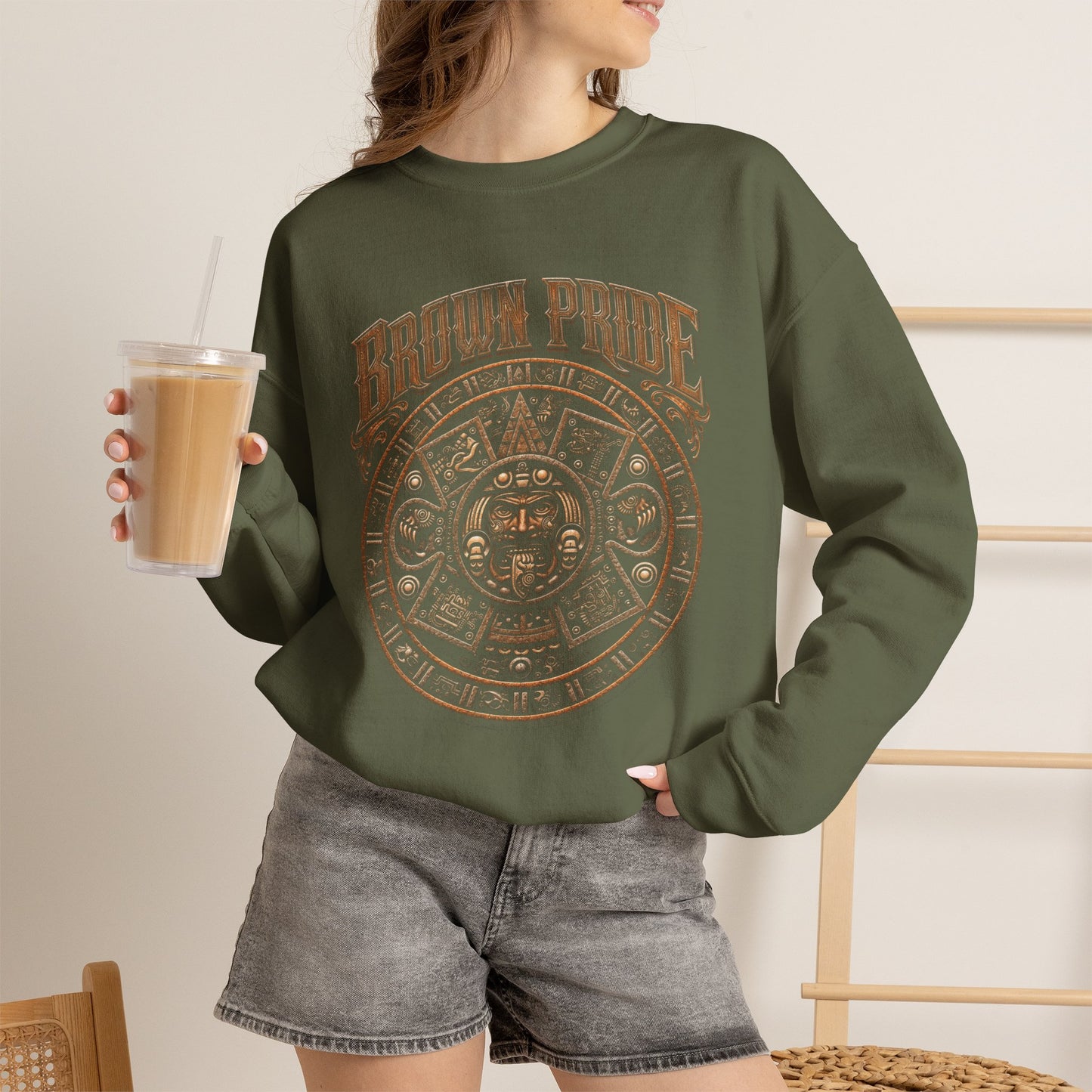Brown Pride Aztec Sun Calendar Crewneck Sweatshirt | Mayan Calendar Design