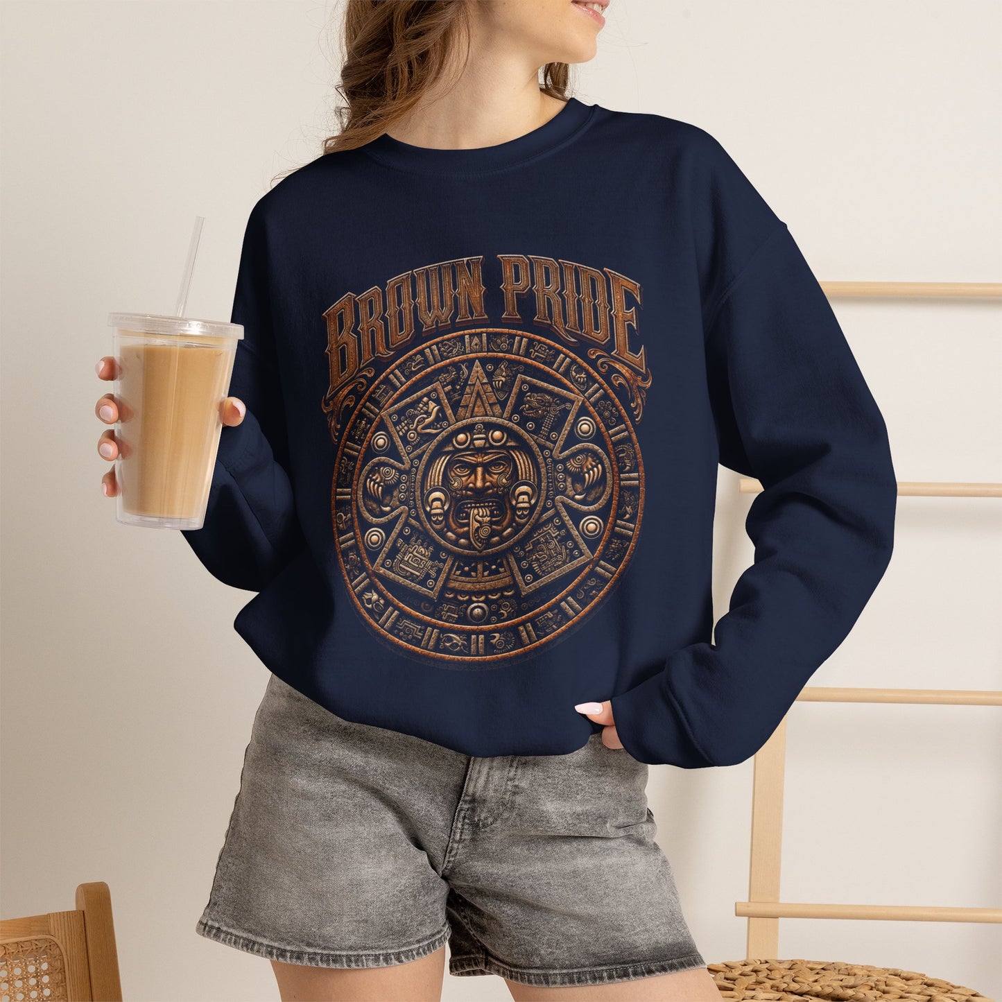 Brown Pride Aztec Sun Calendar Crewneck Sweatshirt | Mayan Calendar Design