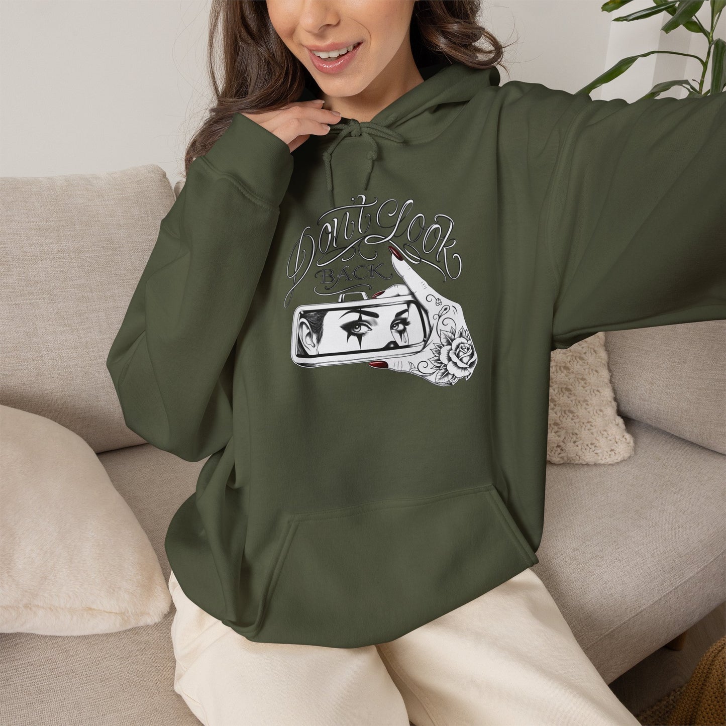 Don’t Look Back hoodie | Rearview Mirror Illustration, Rose Accent