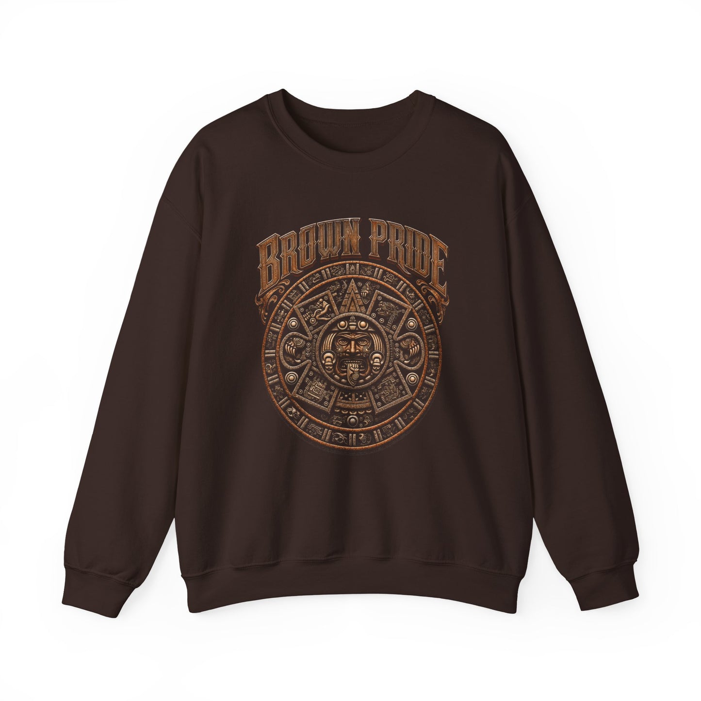 Brown Pride Aztec Sun Calendar Crewneck Sweatshirt | Mayan Calendar Design