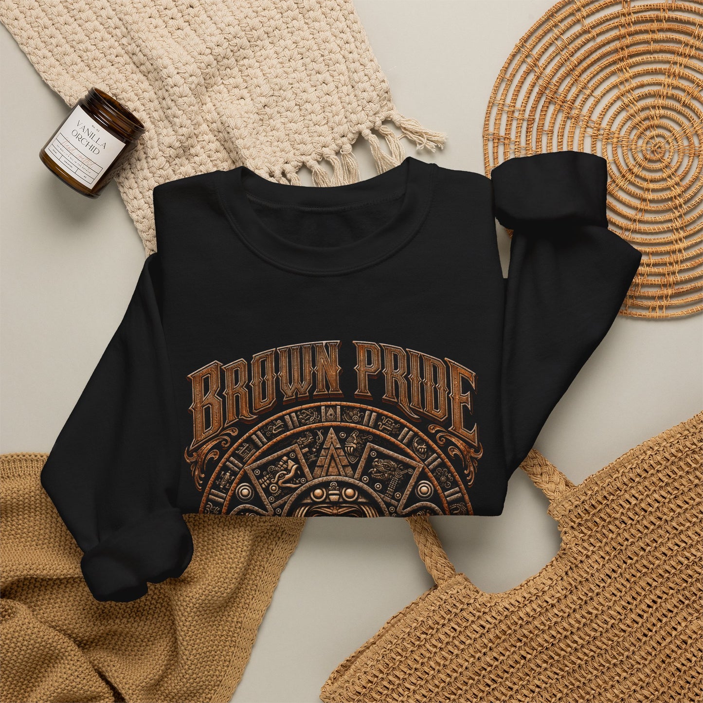Brown Pride Aztec Sun Calendar Crewneck Sweatshirt | Mayan Calendar Design