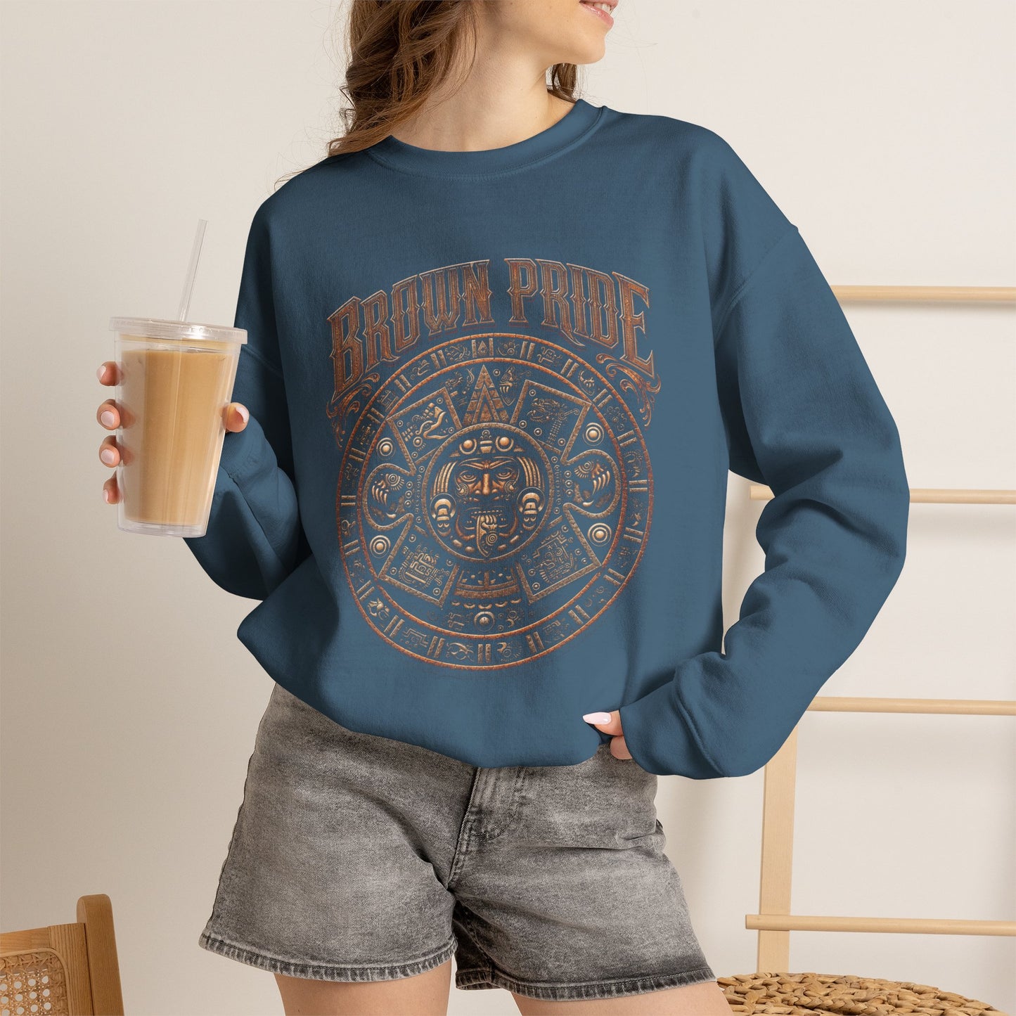 Brown Pride Aztec Sun Calendar Crewneck Sweatshirt | Mayan Calendar Design