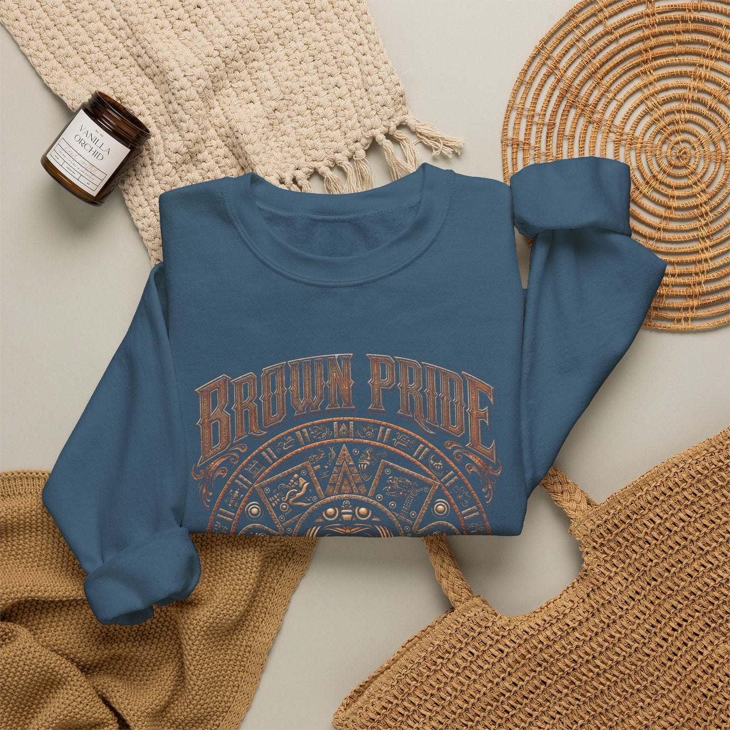 Brown Pride Aztec Sun Calendar Crewneck Sweatshirt | Mayan Calendar Design