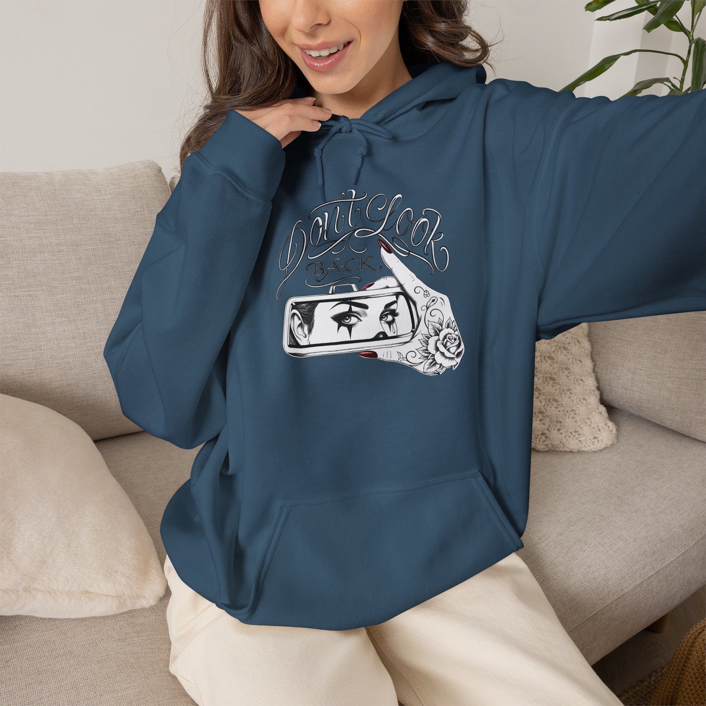 Don’t Look Back hoodie | Rearview Mirror Illustration, Rose Accent