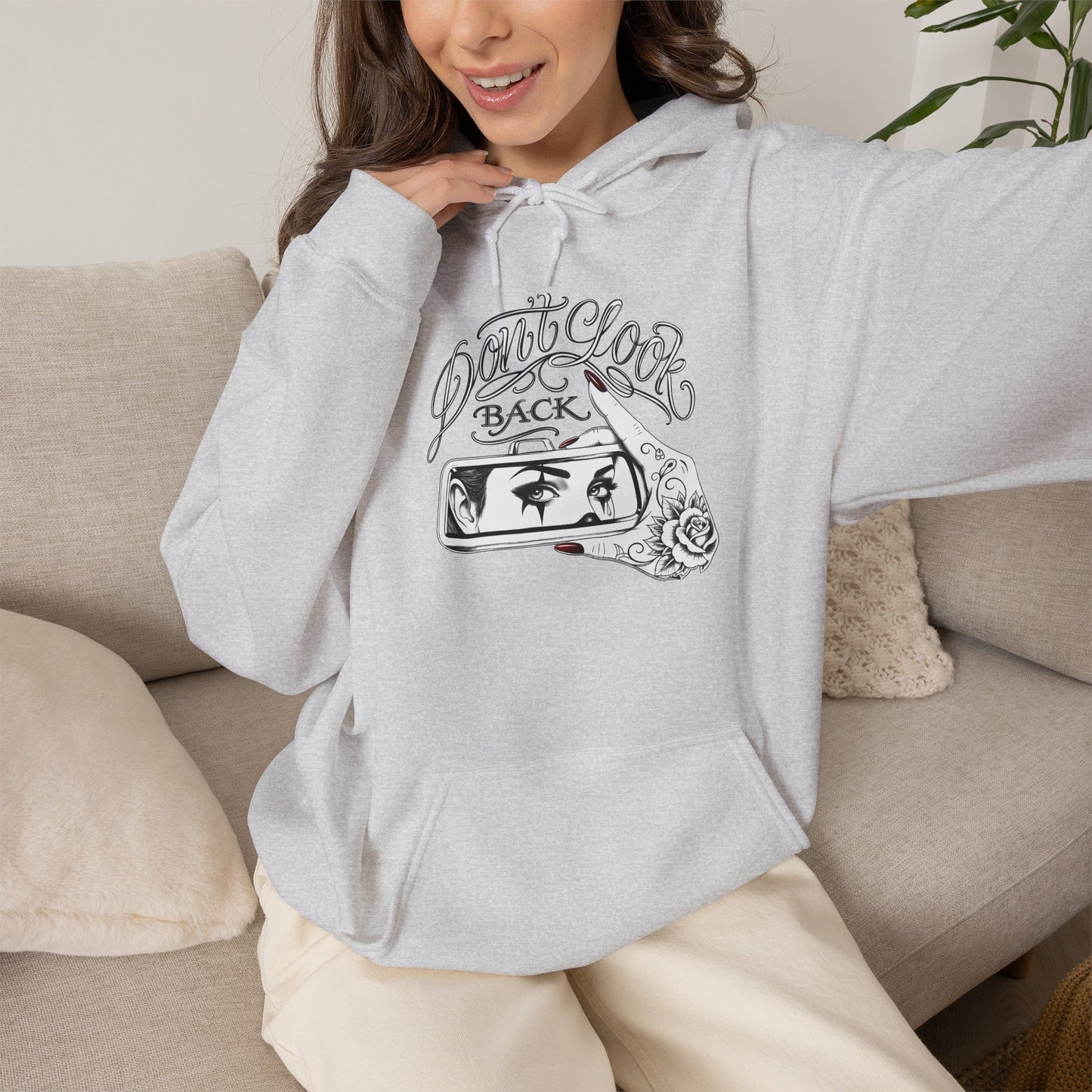 Don’t Look Back hoodie | Rearview Mirror Illustration, Rose Accent