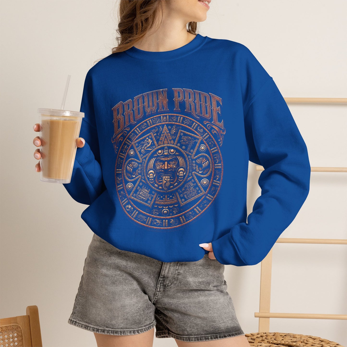 Brown Pride Aztec Sun Calendar Crewneck Sweatshirt | Mayan Calendar Design