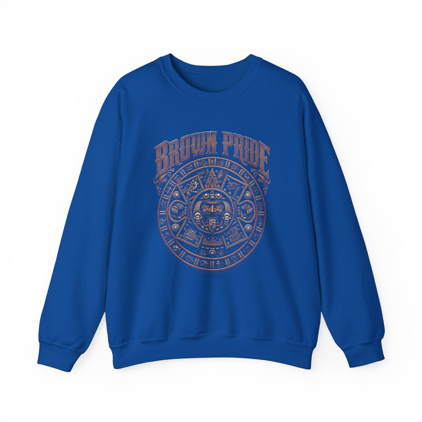 Brown Pride Aztec Sun Calendar Crewneck Sweatshirt | Mayan Calendar Design