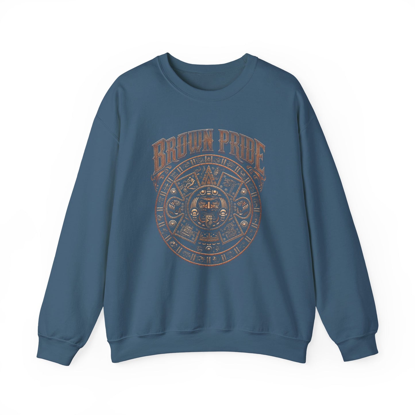 Brown Pride Aztec Sun Calendar Crewneck Sweatshirt | Mayan Calendar Design
