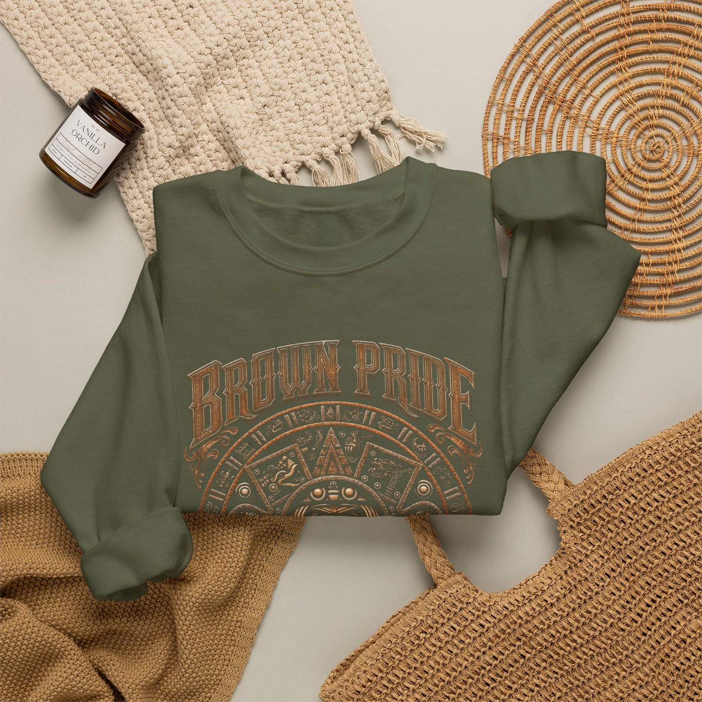 Brown Pride Aztec Sun Calendar Crewneck Sweatshirt | Mayan Calendar Design