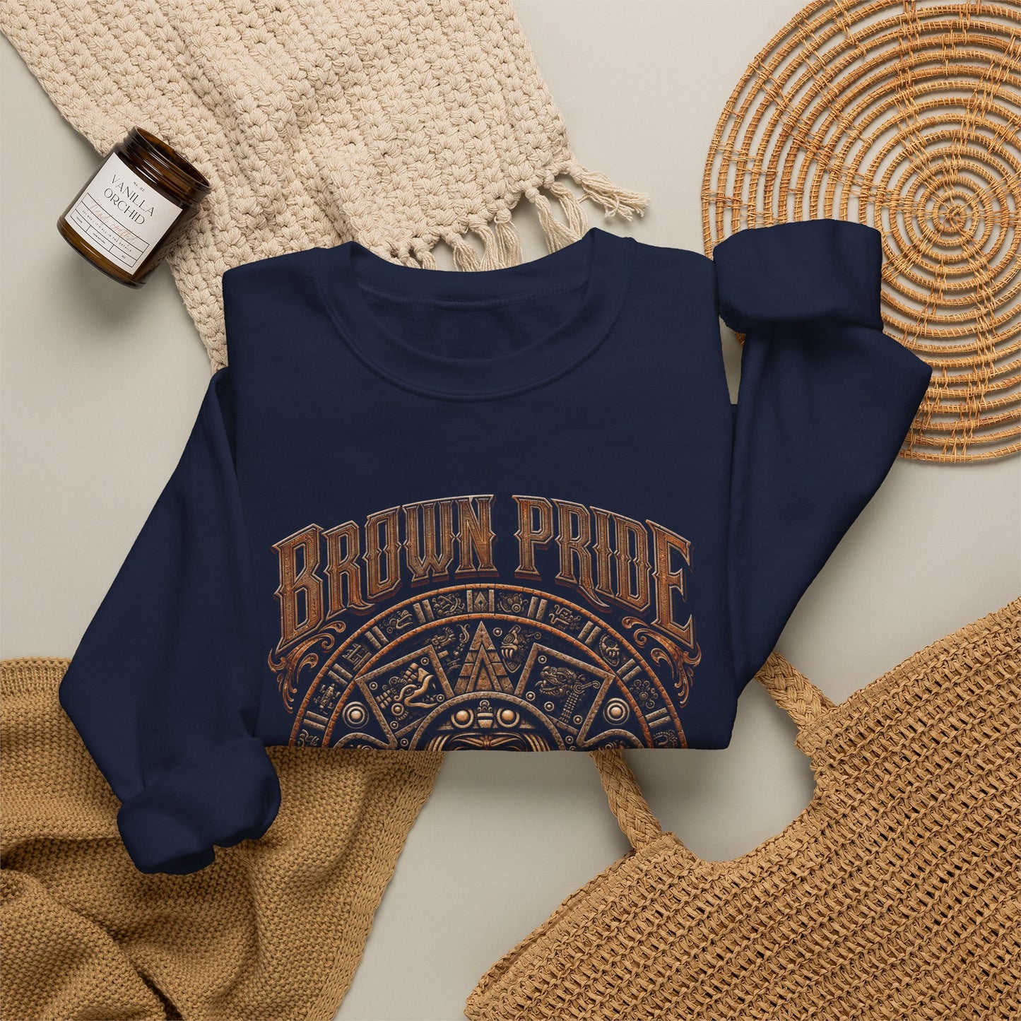 Brown Pride Aztec Sun Calendar Crewneck Sweatshirt | Mayan Calendar Design