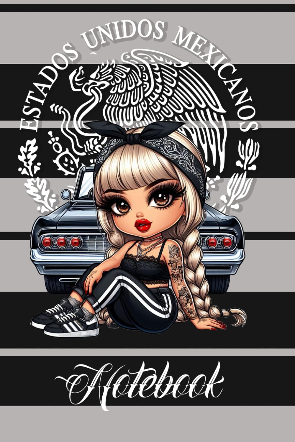 Cover of Kadric Publishing's cute blonde chola paperback notebook with black and grey design and 200 lined pages.