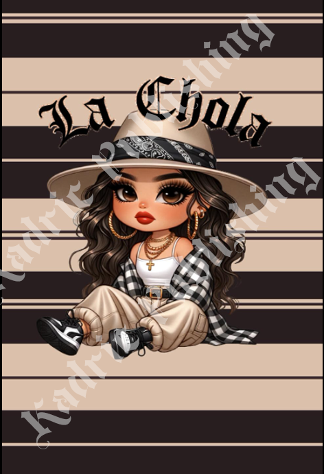 Cover of Kadric Publishing's La Chola Chicano art notebook with 200 lined pages in a paperback format.