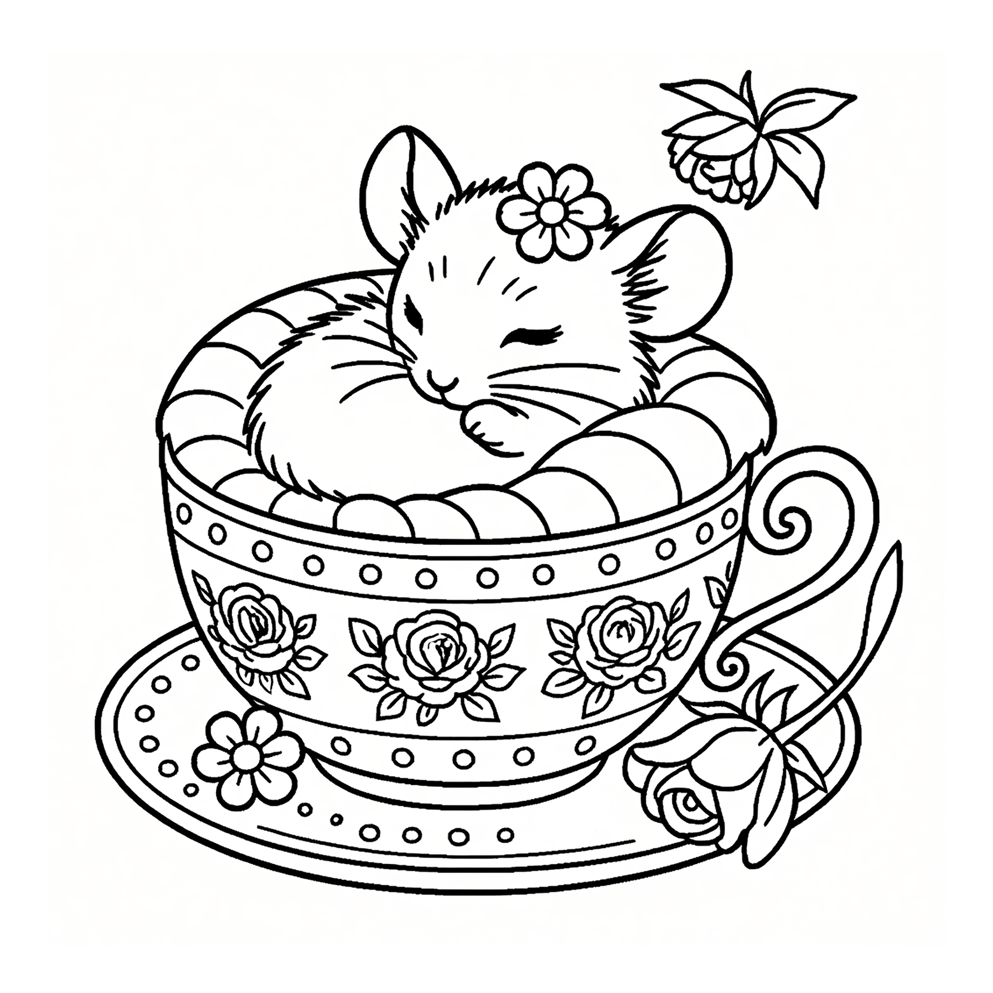 Cute teacup mice coloring book by Kadric Publishing featuring simple, relaxing animal characters for adults and teens.